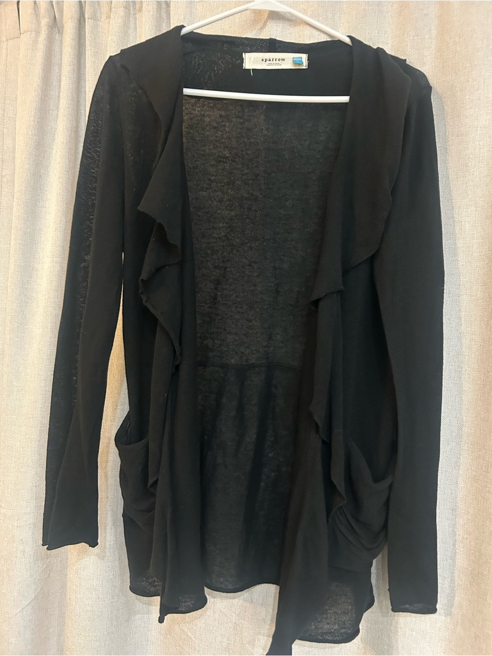sparrow Black Open-Front Ruffle Draped Cardigan